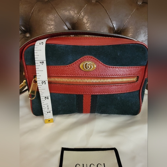 Copy Gucci Ophidia Mini Crossbody Camera Bag in Blue Suede with Red Leather - Picture 2 of 11